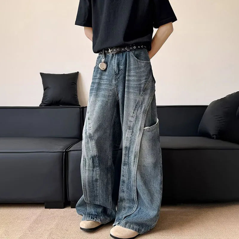 Korean Retro Jeans Men'S Curved Knife Pants Design Sense Vintage Casual Straight Leg Pants Loose Large Pocket Wide Leg Pants