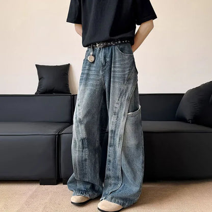 Korean Retro Jeans Men'S Curved Knife Pants Design Sense Vintage Casual Straight Leg Pants Loose Large Pocket Wide Leg Pants