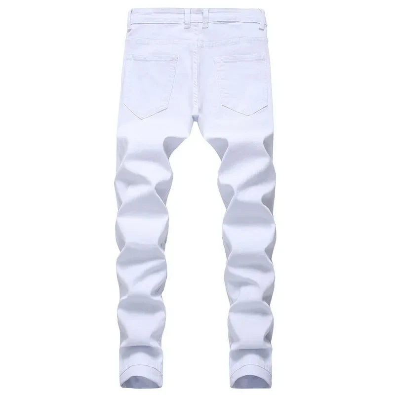 2025 Hole Denim Pants Men's Tide Brand Ruined Hole Jeans Solid Slim All-match High Street Hip Hop Trousers Red White Large Size