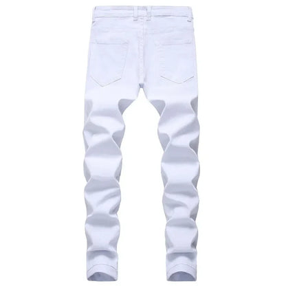 2025 Hole Denim Pants Men's Tide Brand Ruined Hole Jeans Solid Slim All-match High Street Hip Hop Trousers Red White Large Size