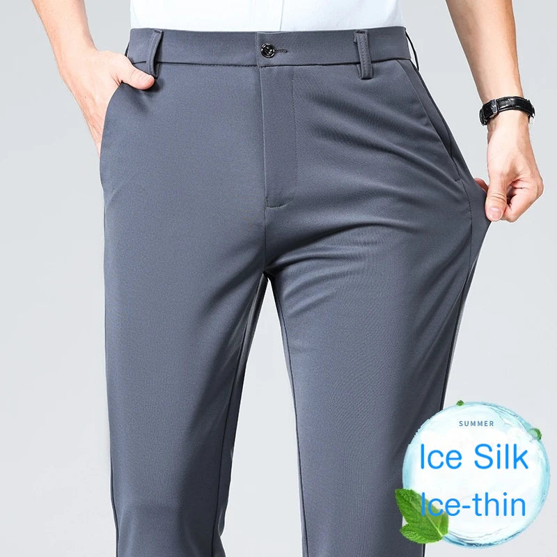 Men's Summer Dresses Long Pants Slim Fit Business Pants Lightweight Ice Silk Office Pants, Wrinkle Resistant and Elastic