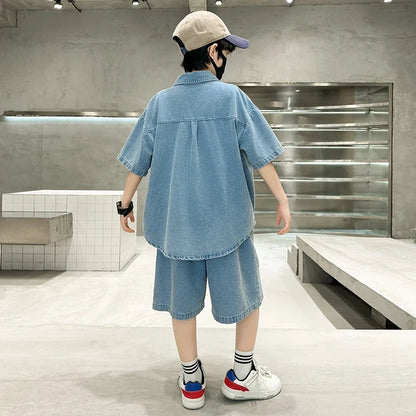 New Casual Kids Child Summer Denim Suit for Teenage Boy High Fashion Short Sleeve Shirt + Shorts 2 Pieces Clothing Set Age 5-14Y