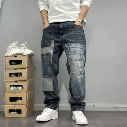 Patchwork Straight Leg Jeans Plus Size Multi Pocket Japanese Streetwear High Quality Trendy Skater Fit Denim Trousers 2025 New