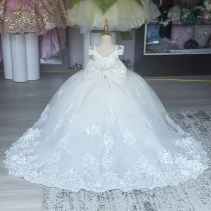 Customized White Lace Baby Flower Girl Dresses Lace Appliques Kids Newborn Party Feather Pearls First Communion Prom Gown