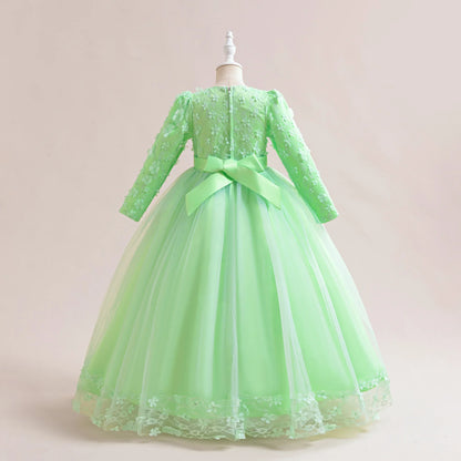 Long Sleeve Flower Bridesmaid Girls Dress Children Christmas Costume Lace Bow Princess Kids Dressees For Girl Party Wedding Gown