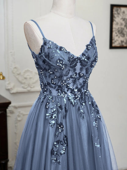 Sling Evening Dresses Sexy Spaghetti Straps V-Neck Illusion Sequins Appliques Prom Dress A-Line Train High Split Gowns