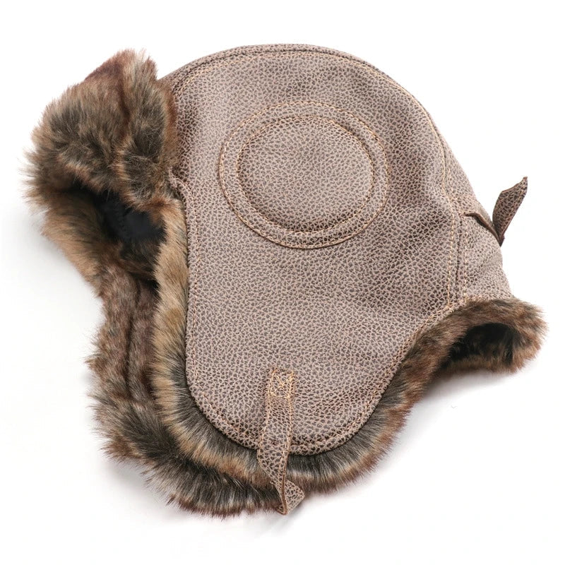 Men Winter Bomber Hat With Goggles Outdoor Motorcycle Windproof Warm Faux Fur Pilot Earflap Hat Leather Thermal Ushanka