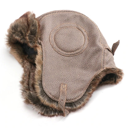 Men Winter Bomber Hat With Goggles Outdoor Motorcycle Windproof Warm Faux Fur Pilot Earflap Hat Leather Thermal Ushanka