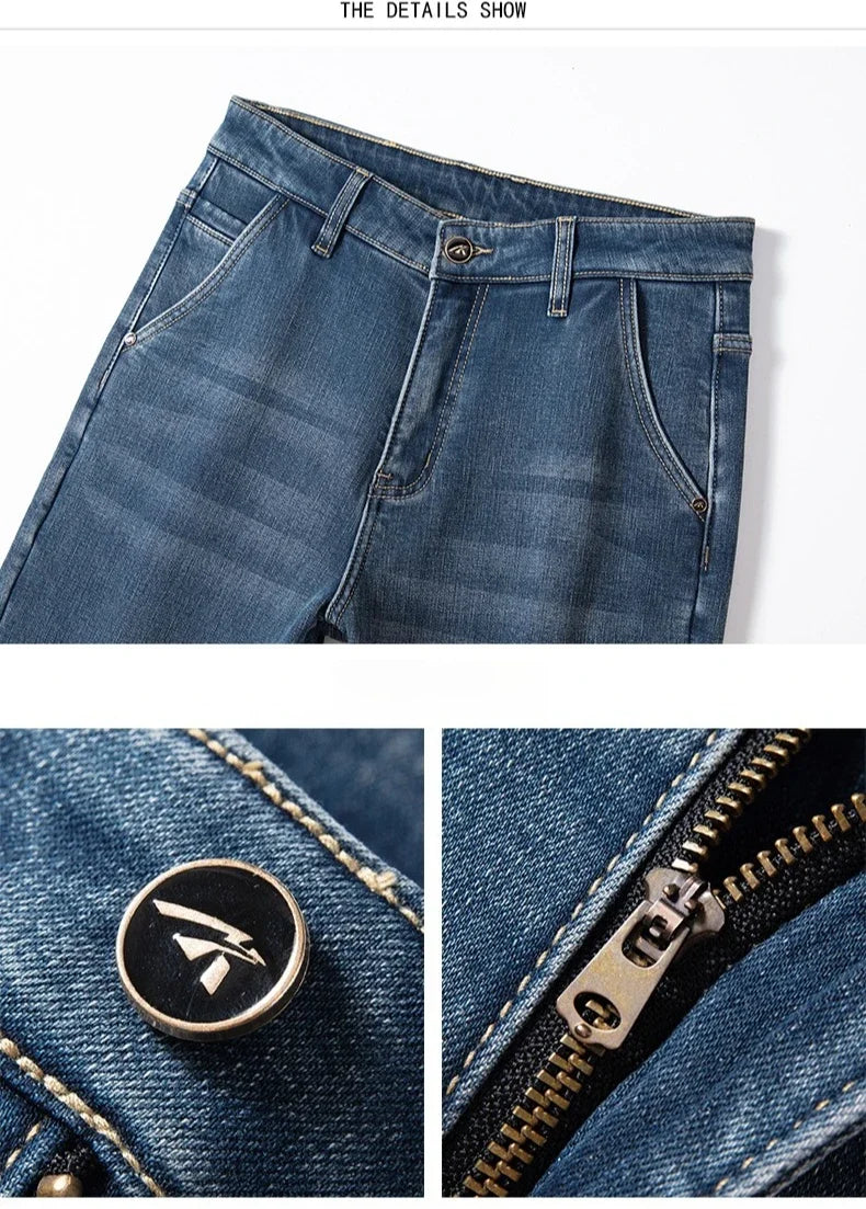 Winter Fleecy Thickened Warm Jeans Vintage Brand Classic Retro Youth Fashion Men Fit Straight Leg Casual Stretch Denim Pants