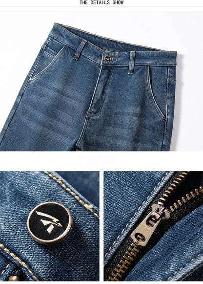 Winter Fleecy Thickened Warm Jeans Vintage Brand Classic Retro Youth Fashion Men Fit Straight Leg Casual Stretch Denim Pants