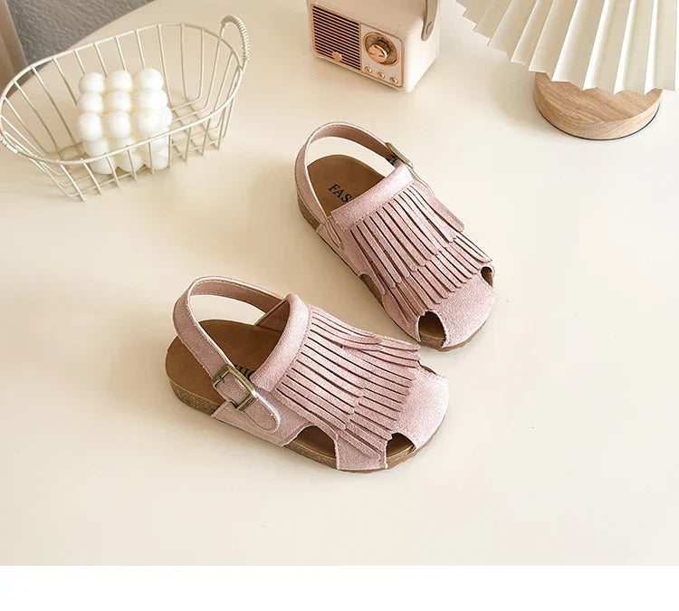 Summer Anti-Slippery Kids Suede Sandals for Girls Non-Slip Closed Toe Toddler Beach Shoes with Cute Tassels School Casual Wear