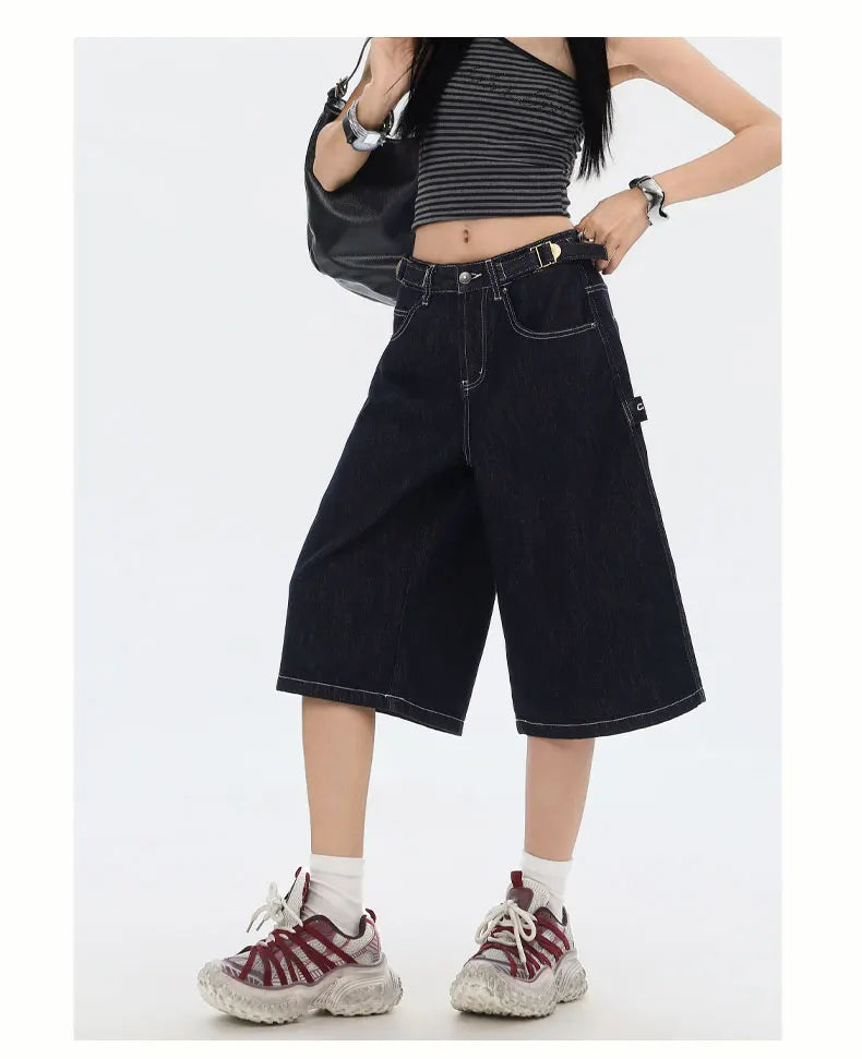 American High Street Fashion Loose Denim Shorts Retro Wide Leg Crop Pants Women Y2k High Waisted Embroidery Casual Mid Trouser