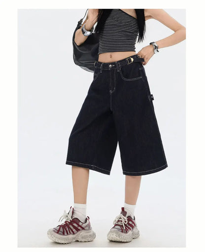 American High Street Fashion Loose Denim Shorts Retro Wide Leg Crop Pants Women Y2k High Waisted Embroidery Casual Mid Trouser