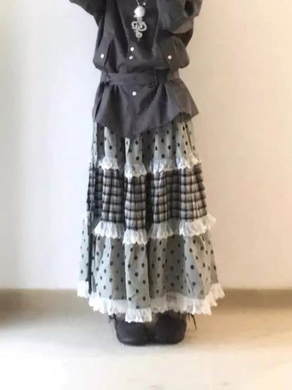 Japanese Elegant Retro Plaid Wave Point Skirts Women Lace Patchwork Ruffles A-line Skirts Harajuku Design Korean Popular Clothes