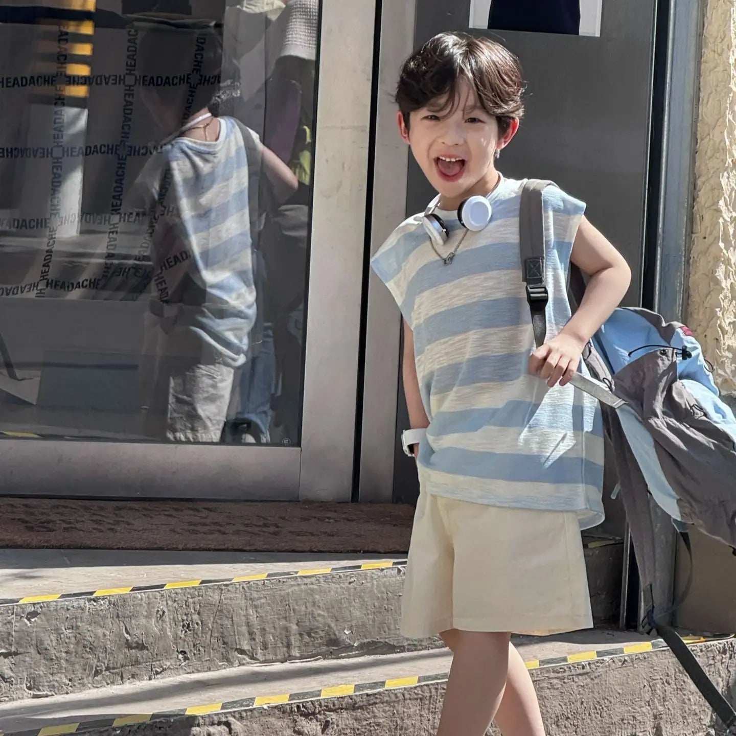 Breathable Lightweight Blue Striped Sleeveless Pure Cotton Shorts Kids Boy Clothes Set Cartoon Children's Fashion Korean Boys'