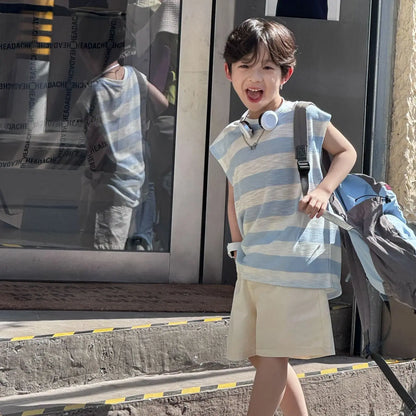 Breathable Lightweight Blue Striped Sleeveless Pure Cotton Shorts Kids Boy Clothes Set Cartoon Children's Fashion Korean Boys'