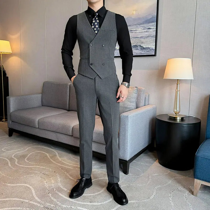 ( Vest + Pants) Men Double Breasted Striped Suit Vest 2 pieces Fashion Business Slim Fit Wedding Dress Sleeveless Vest Sets