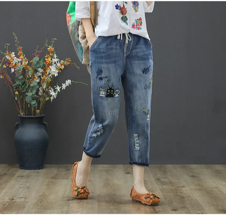 2025 Fashion Summer Streetwear Denim Trousers Ladies Vintage Elastic Jeans Womens Casual Loose Embroidery Harem Pants