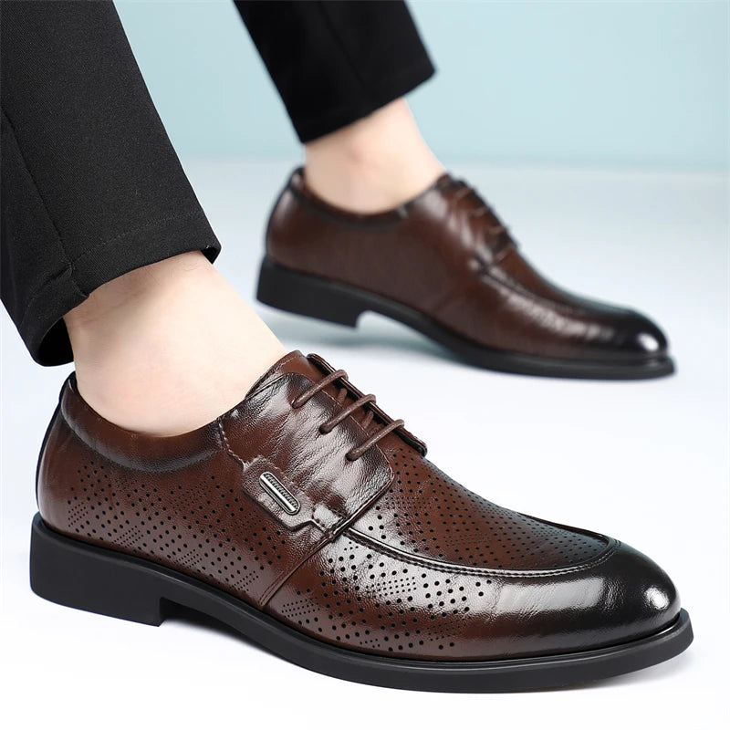 Men's Summer Breathable Leather Shoes Comfortable Soft Bottom Hollow Design Business Formal Derby Shoes British Style-SJ551-1
