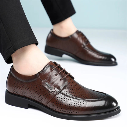 Men's Summer Breathable Leather Shoes Comfortable Soft Bottom Hollow Design Business Formal Derby Shoes British Style-SJ551-1