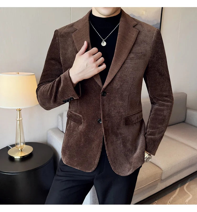 Autumn Winter Fashion Seaweed Pattern Suit Jacket High Quality Luxury Slim Fit Casual Men's Blazers Coats Social Prom Tuxedo
