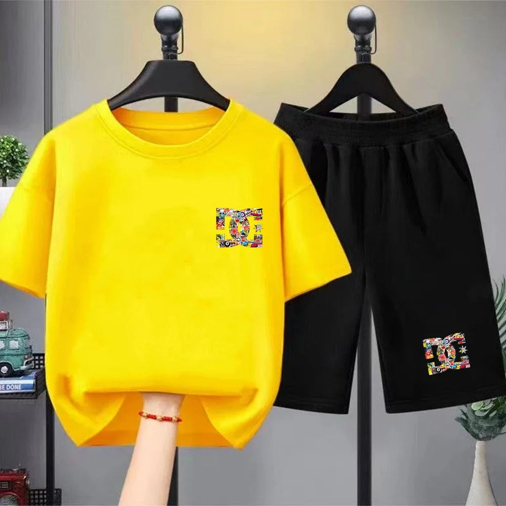 Kids Summer T-Shirt Sets Girls White Boy Black Red Casual T-Shirt+Shorts Printed Kids Outfits Teen Children's Loose Short Sleeve
