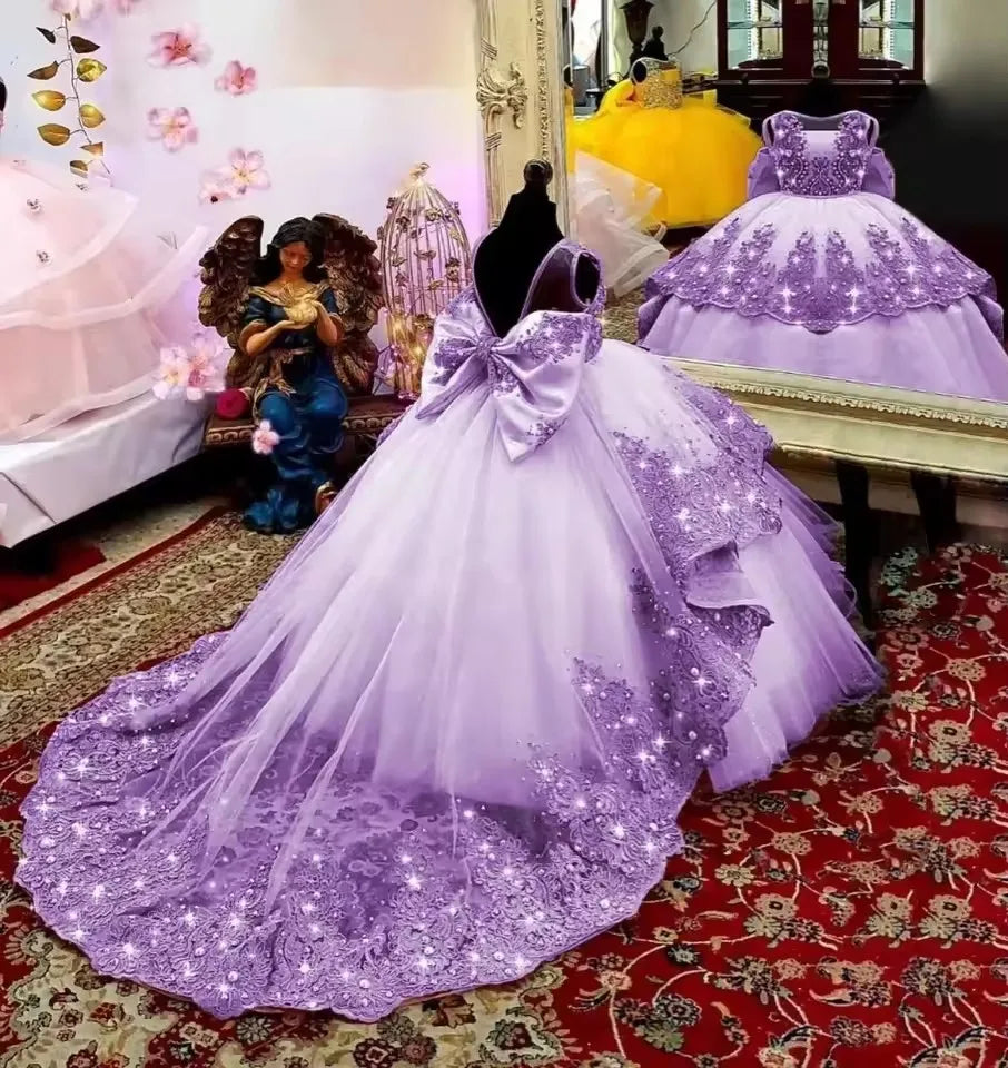 Customized Flower Girl Dress for Wedding Suspenders with Bow Satin Ball Gown Kids Birthday First Communion Party Dress