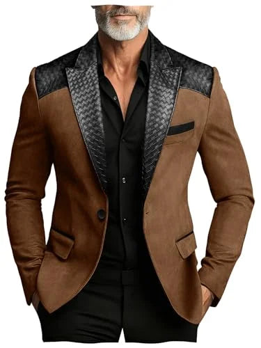 Men's Faux Suede Jacket with PU Leather Collar & Shoulder Two-Tone Blazer Contrast Trim Coat
