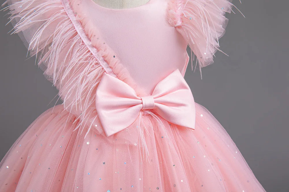 Summer Girls' New Bow Sequin Flying Sleeves Mesh Fluffy Skirt Piano Competition School Graduation Ceremony Dress