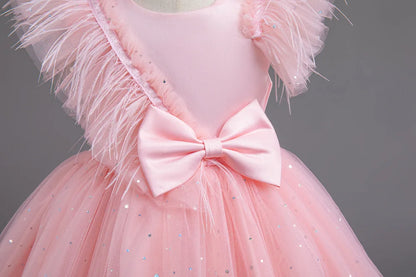 Summer Girls' New Bow Sequin Flying Sleeves Mesh Fluffy Skirt Piano Competition School Graduation Ceremony Dress