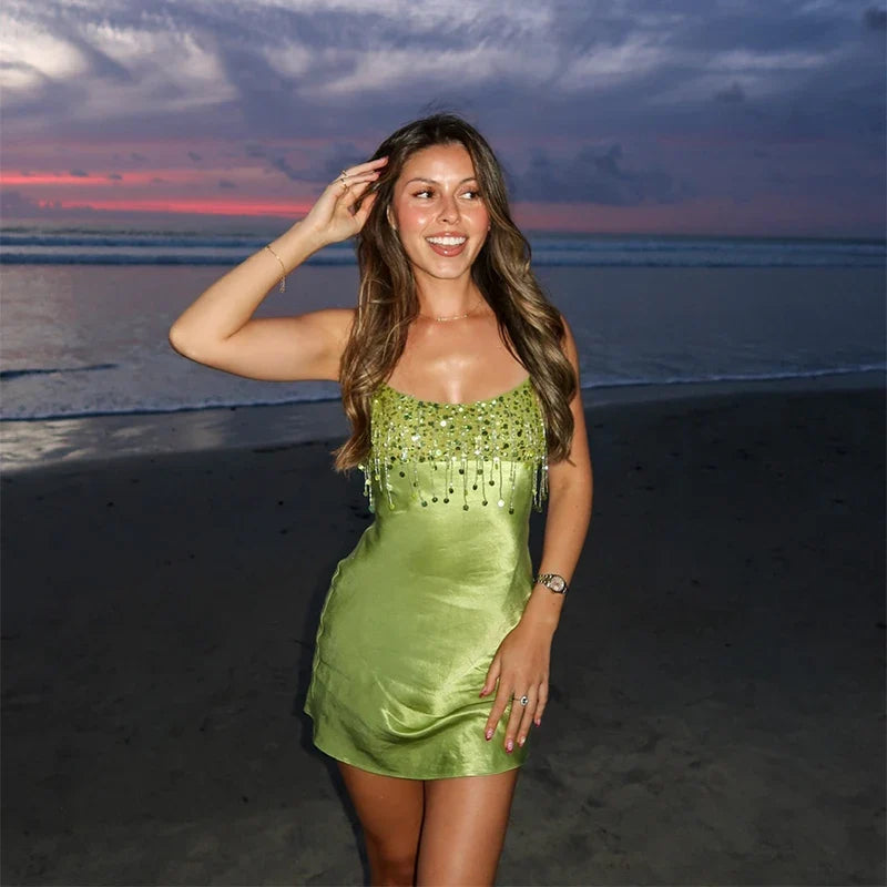 Sequin Tassel Beach Mini Dress Women Satin Spaghetti Straps Square Neck Party Clubs Short Skirt 2026 NEW Summer Vacation Dresses