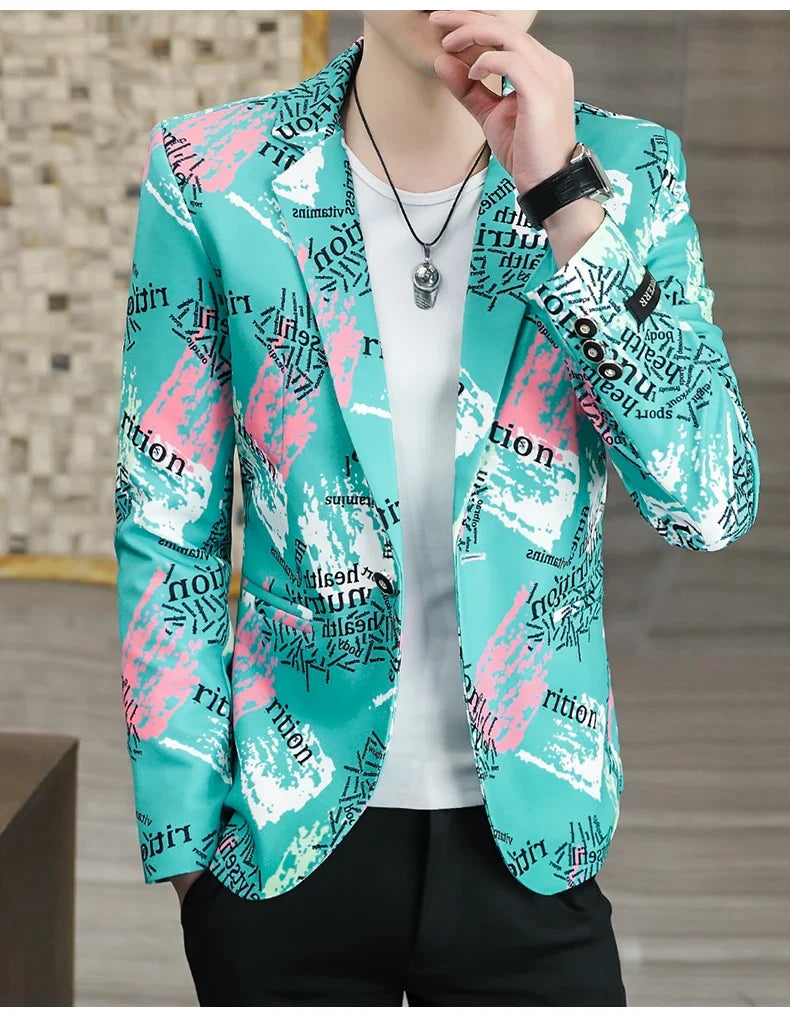 2022 New Fashion Print Suit Jacket Men's Slim Fit Casual Blazers Streetwear Social Club Prom Formal Party Suit Coats Hommes