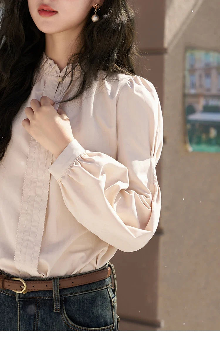 French Autumn Winter Button Up Lantern Long Sleeve Shirts Women Ruffle Neck Thick Warm Blouse Flannel Shirt MXC56X1320