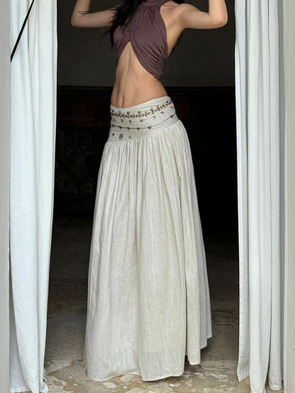 Vintage Beading Midi Skirt Women Vacation Beach Low Waist Skirts Summer Ladies Streetwear Korean Casual Design A Line Faldas New