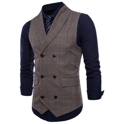 New Men's Checkered Vest, Male Casual Business Suit Vest, Plus Size British-Style  Four Seasons Double Breasted Slim Fit Vest