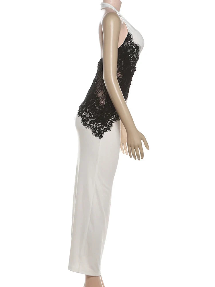 Lace Patchwork Long Dresses Woman Halter o-Neck Off Shoulder Backless Robe Midnight Prom Party Elegant Skinny Vestidos
