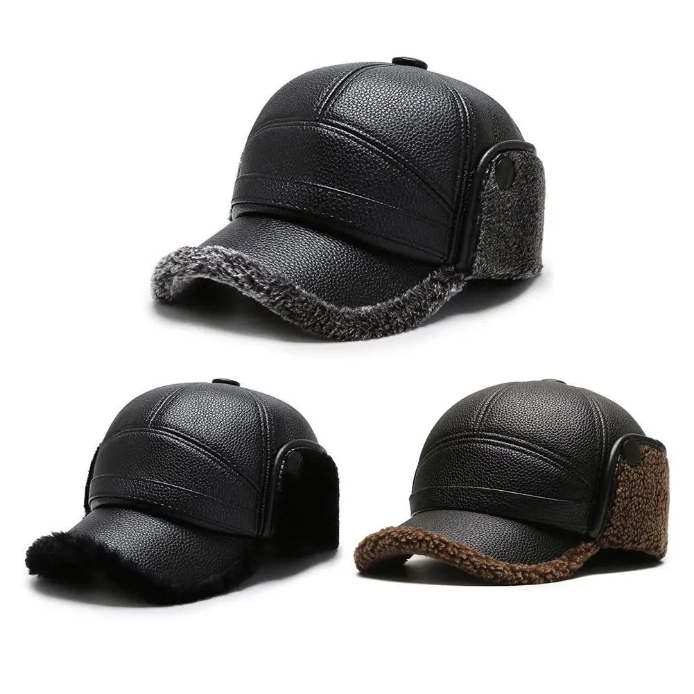 Winter Baseball Cap Men PU Leather Bomber Caps Middle Elderly Dad Hat With Earflaps Thicker Warm Windproof Tongue Hat Keep Warm