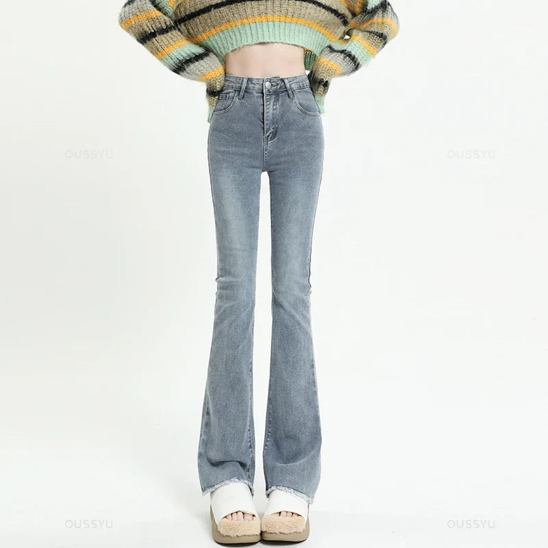 Spring Summer Flared Jeans Women Cotton Vintage Blue Denim Pants Streetwear Elastic High Waist Slim Harajuku Trouser Plus Length