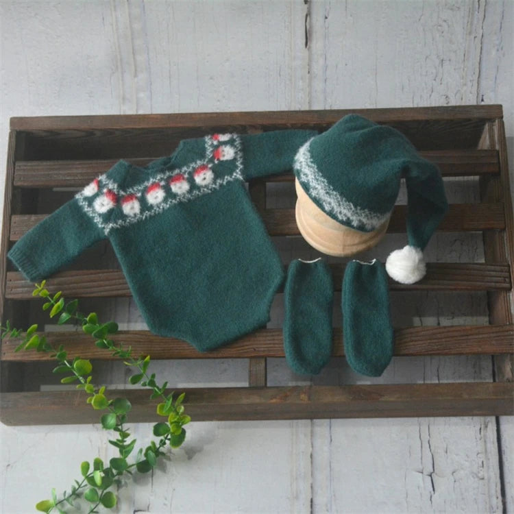 Christmas Baby Clothing Newborn Boy Girl Photography Santa Claus Costumes Sets Green Knitted Romper Stockings Hat 3pcs for Xmas