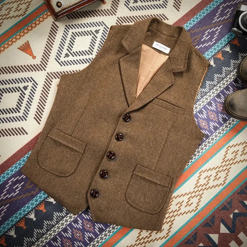 Men Vest Royal Blue Steampunk Formal Male Ethnic Herringbone Wool Tweed Vintage For Wedding Business Banquet Waistcoat