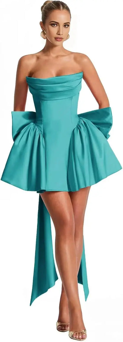 2025 Satin Strapless Back To School Dress with A Large Bow At The Back, Mini Skirt for Teenagers Cocktail Dress Short DanceDress