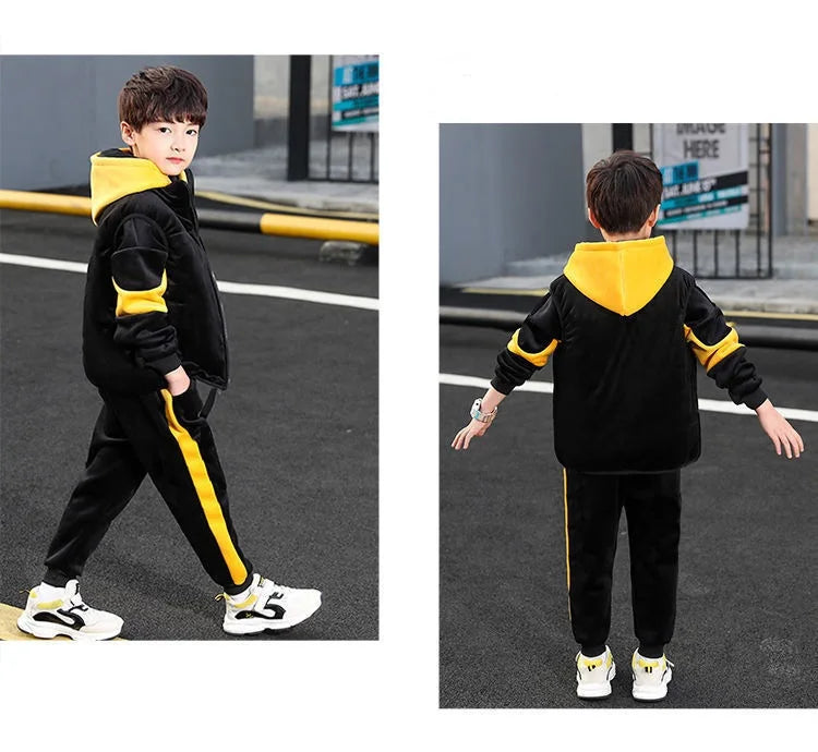Winter Boys Warm Fleece Lined Zip Waistcoat+Sweatshirt+Sweatpant Sets School Kids 3PCS Tracksuit Children Workout Outfit 5-14Yrs