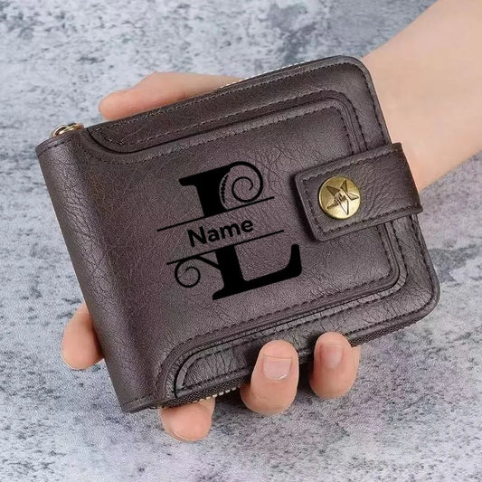 Portefeuille personnalisé pour homme - Portefeuille personnalisé en similicuir pour homme avec nom et lettres gravés, cadeau pour la fête des pères, marron