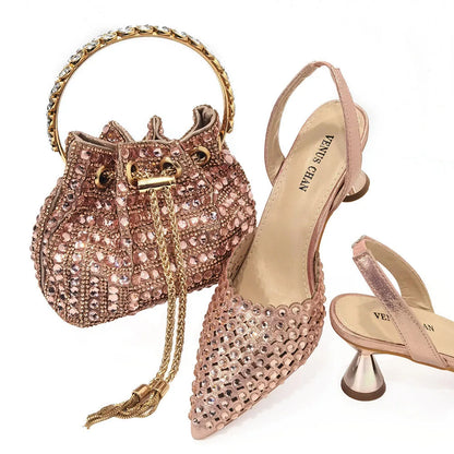 Shoes for Women High Heels 2023 Pointed Luxury Designer Colorful Stones Evening Party Matching Shoes and Bags Sets