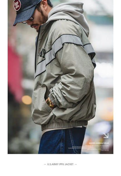 ARMY Reflective Hooded Contrasting Color Bomber Jacket Sports Quick-drying Jacket Loose IPFU Training Suit for Men's Daily