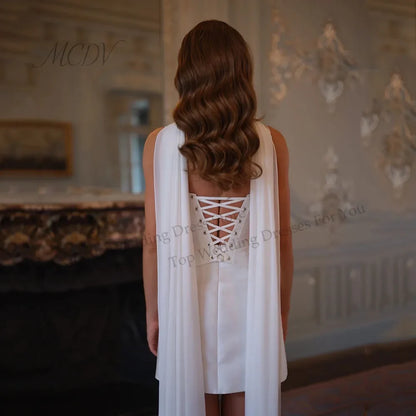 Customized White Spaghetti Strap Wedding Dress Sleeveless Lace-Up Back Bridal Gown Backless Elegant Mini Satin Wedding Gown 2026