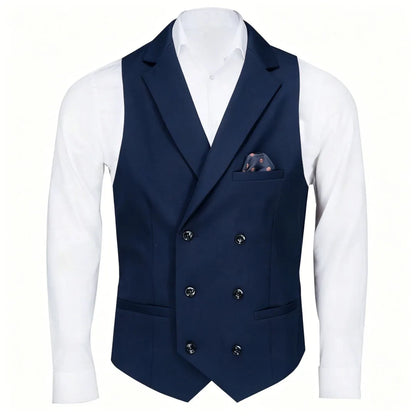 Men Vest Black Solid Double Button With Lapel Waistcoat For Business Wedding Party Banquet Prom Daily Casual Men Suit Vest