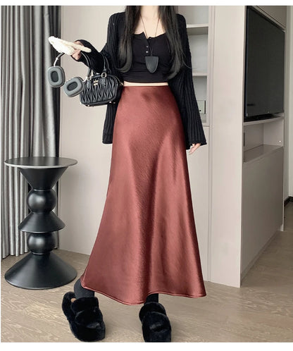 New Autumn Winter Solid Satin Silk Mermaid Skirt Women Fashion High Waist Office Ladies Work Warmth Party Long Maxi Skirt