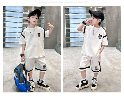 2025 Kids Summer Clothing Boys Top and Bottom Set Beige Black Color T-shirt Shorts 2PCS Tracksuit Set Teens Child Casual Outfit