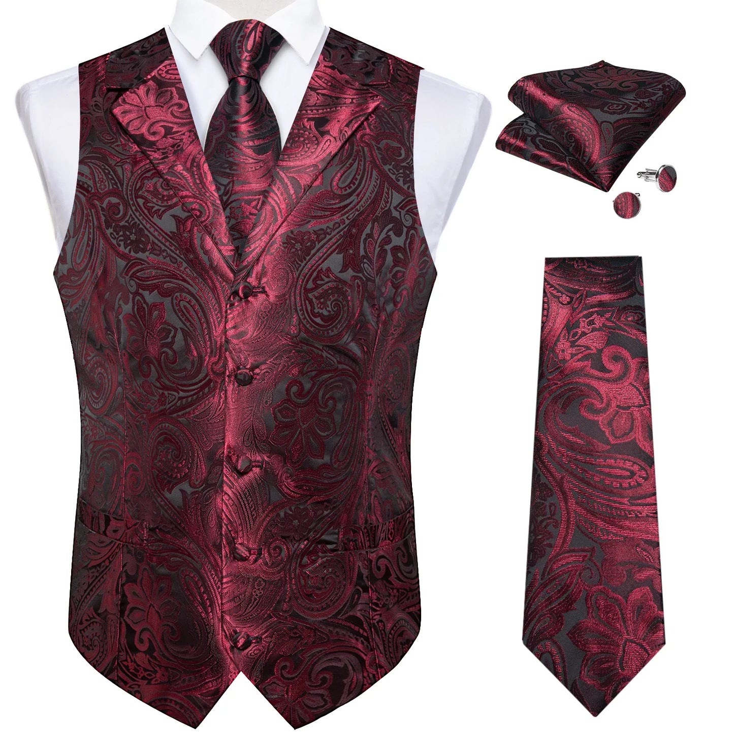 Men's Vest Tie Set Paisley Tuxedo Suit Waistcoat and Necktie Hankerchief Cufflinks for Wedding Party Groom Clothing